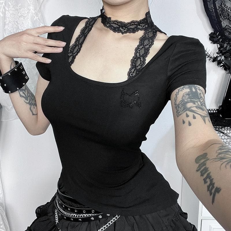Y2K Lace Irregular Halter Top - Cute Coquette & Grunge Aesthetic Short Sleeve Style