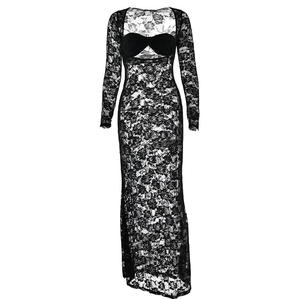 Y2K Lace Maxi Dress with Sweetheart Neckline - Grunge & Coquette Aesthetic Style