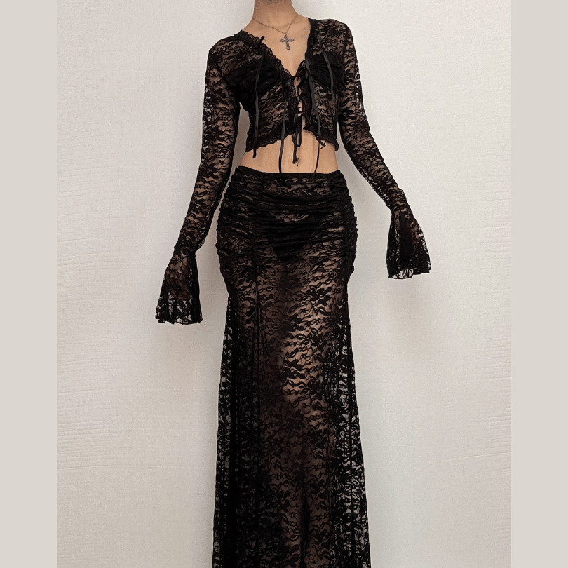Y2K Lace Maxi Skirt Set with Long Flared Sleeves - Coquette & Grunge Aesthetic Outfit