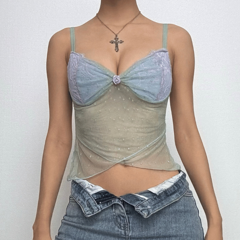Y2K Lace Mesh Contrast Cami Top - Cute Grunge Aesthetic for Comfy Layering