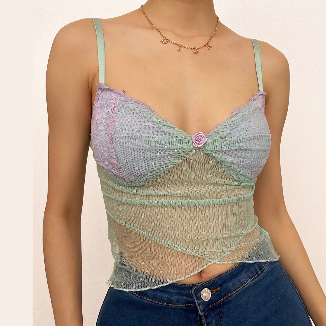 Y2K Lace Mesh Contrast Cami Top - Cute Grunge Aesthetic for Comfy Layering