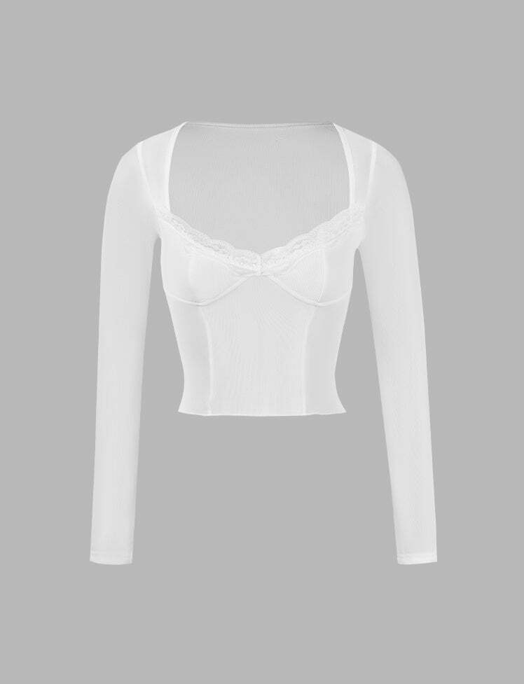 Y2K Lace Mesh Long Sleeve Top - Cute Grunge Aesthetic for Coquette & Soft Girl Styles