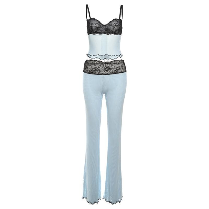 Y2K Lace Mesh Ruffle Sweetheart Neck Cami & Pant Set - Coquette Aesthetic Outfit