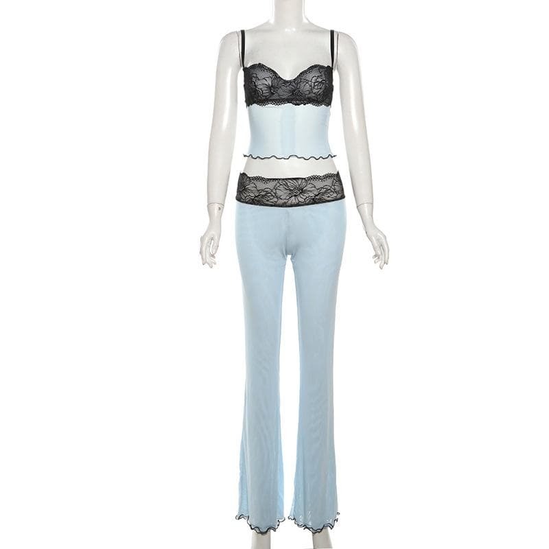 Y2K Lace Mesh Ruffle Sweetheart Neck Cami & Pant Set - Coquette Aesthetic Outfit