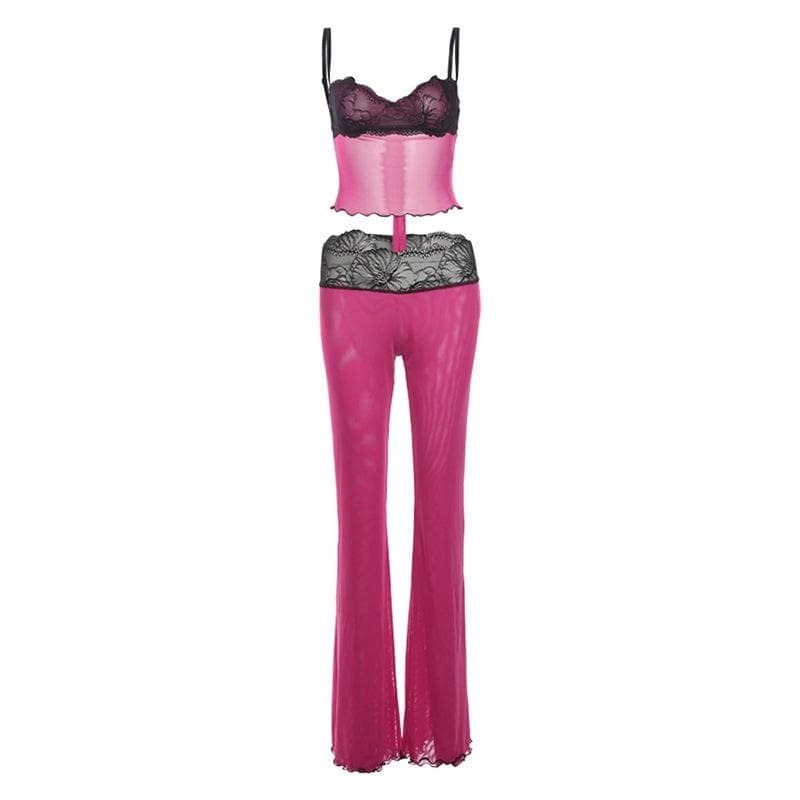 Y2K Lace Mesh Ruffle Sweetheart Neck Cami & Pant Set - Coquette Aesthetic Outfit