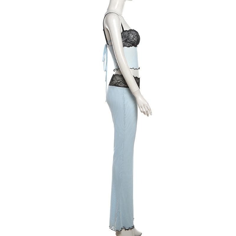 Y2K Lace Mesh Ruffle Sweetheart Neck Cami & Pant Set - Coquette Aesthetic Outfit