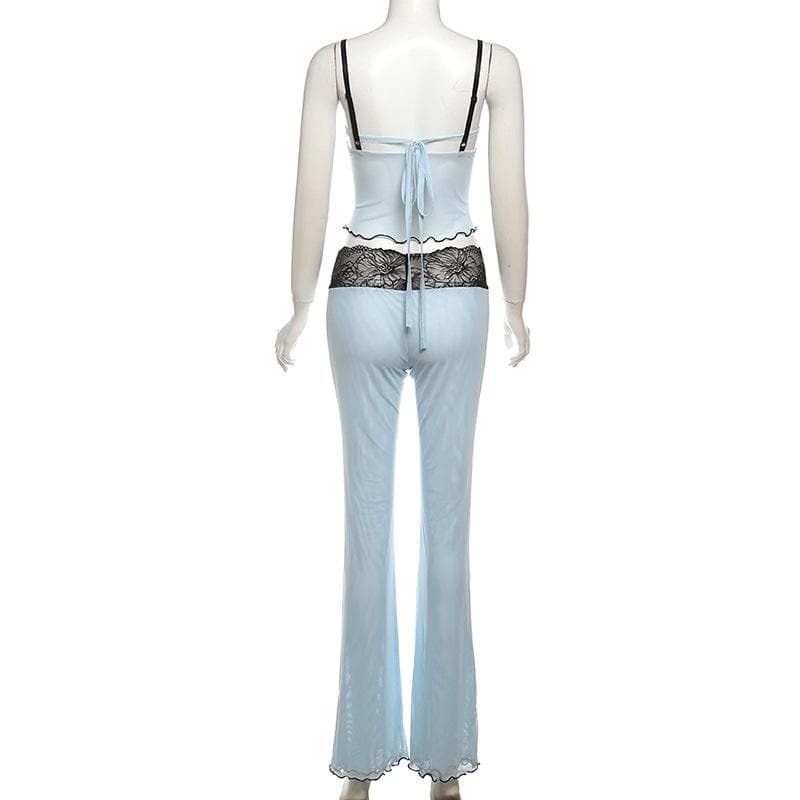 Y2K Lace Mesh Ruffle Sweetheart Neck Cami & Pant Set - Coquette Aesthetic Outfit