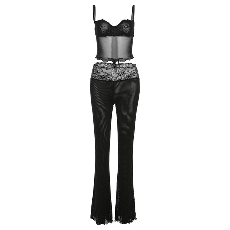 Y2K Lace Mesh Ruffle Sweetheart Neck Cami & Pant Set - Coquette Aesthetic Outfit