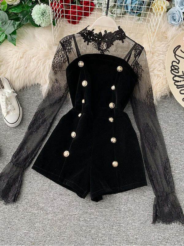 Y2K Lace Mesh Top & Velvet Shorts Set - Coquette Aesthetic Grunge Style Outfit