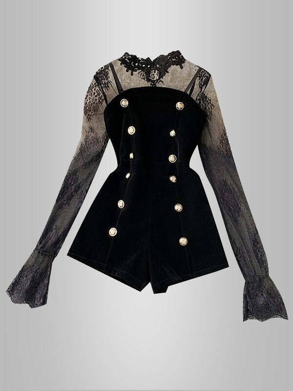 Y2K Lace Mesh Top & Velvet Shorts Set - Coquette Aesthetic Grunge Style Outfit