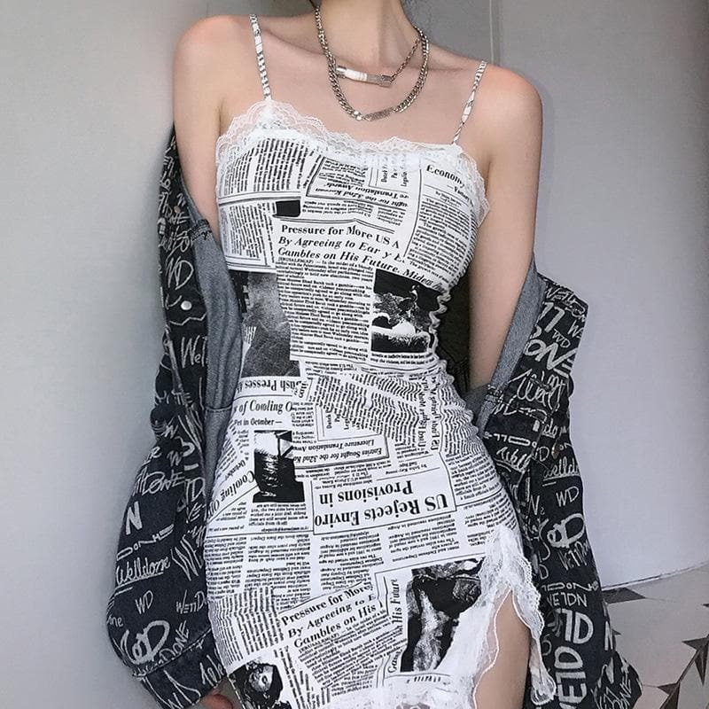 Y2K Lace Newspaper Print Slit Cami Dress - Coquette Aesthetic & Grunge Style Fusion
