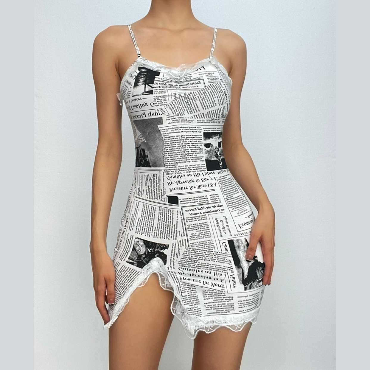Y2K Lace Newspaper Print Slit Cami Dress - Coquette Aesthetic & Grunge Style Fusion