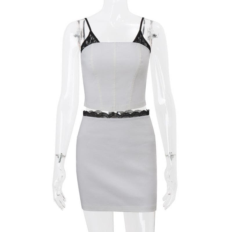 Y2K Lace Patchwork Backless Mini Skirt Set - Coquette & Grunge Aesthetic Outfit