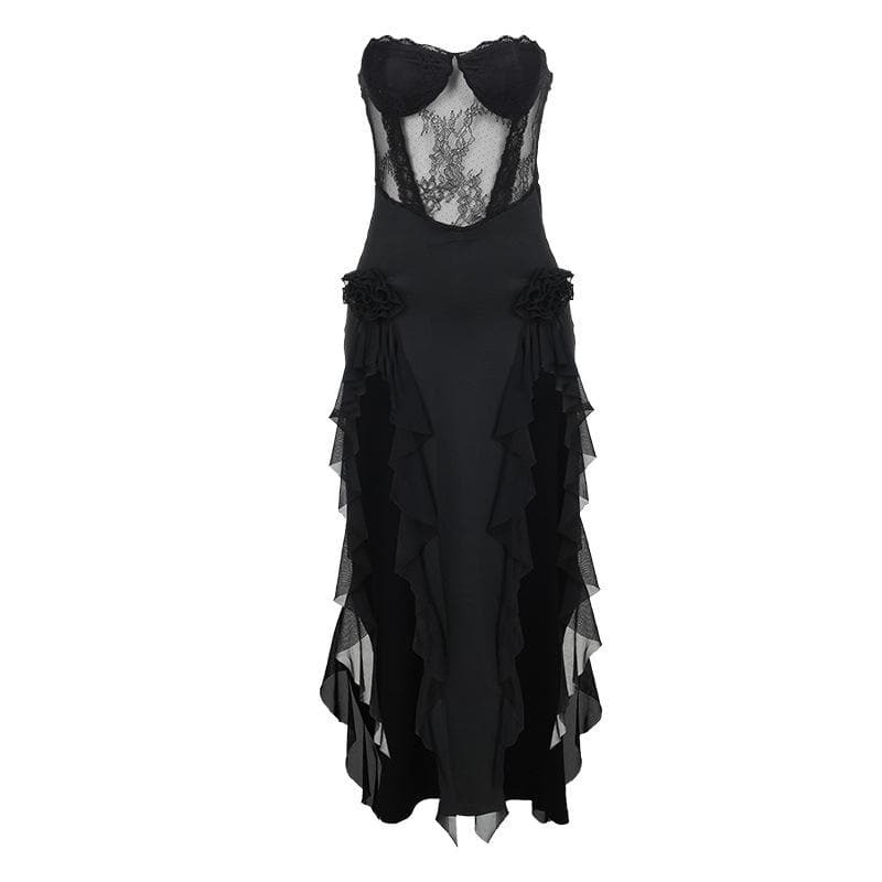 Y2K Lace Patchwork Flower Applique Ruffle Slit Midi Dress - Coquette & Grunge Aesthetic