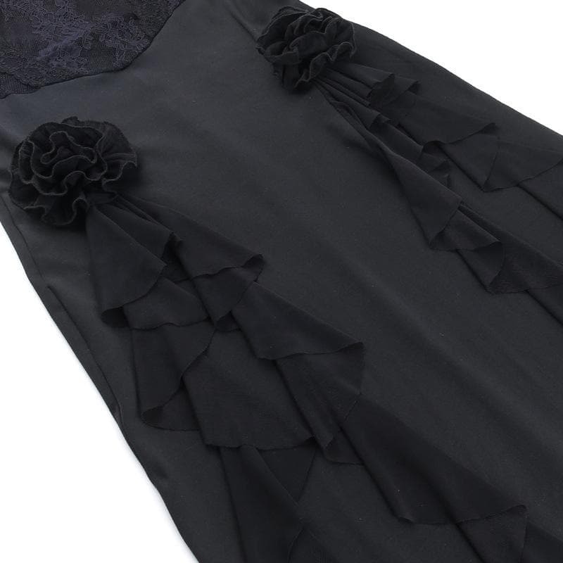 Y2K Lace Patchwork Flower Applique Ruffle Slit Midi Dress - Coquette & Grunge Aesthetic