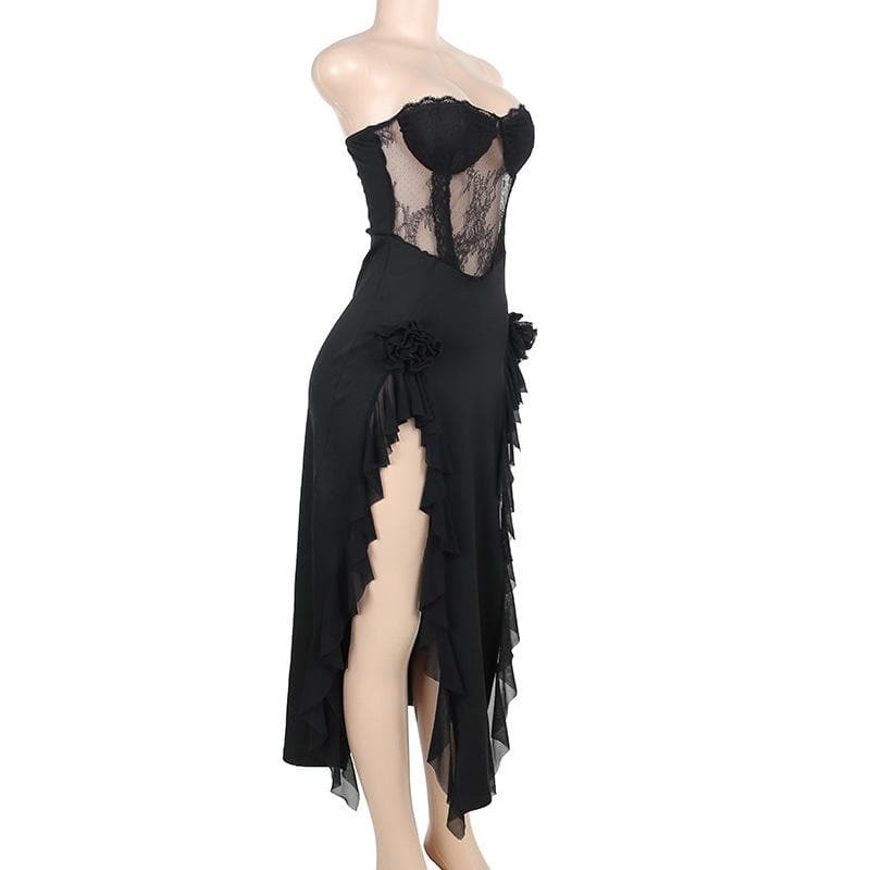 Y2K Lace Patchwork Flower Applique Ruffle Slit Midi Dress - Coquette & Grunge Aesthetic