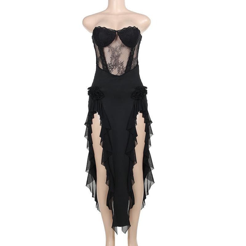 Y2K Lace Patchwork Flower Applique Ruffle Slit Midi Dress - Coquette & Grunge Aesthetic