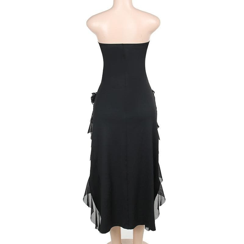 Y2K Lace Patchwork Flower Applique Ruffle Slit Midi Dress - Coquette & Grunge Aesthetic