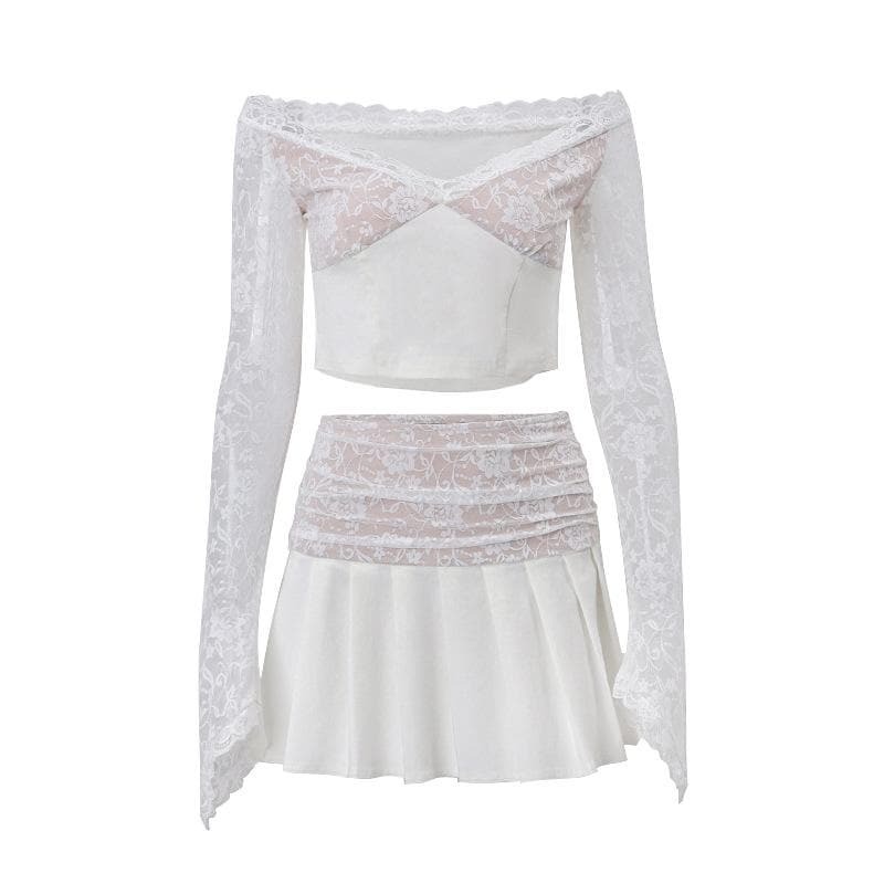Y2K Lace Patchwork Pleated Mini Skirt Set with Long Flared Sleeves - Grunge & Coquette Aesthetic
