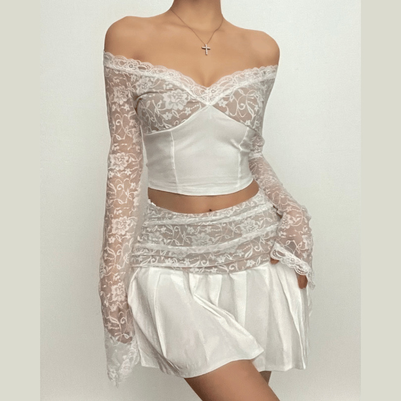 Y2K Lace Patchwork Pleated Mini Skirt Set with Long Flared Sleeves - Grunge & Coquette Aesthetic