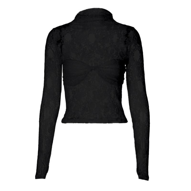 Y2K Lace Ruched Long Sleeve High Neck Top - Coquette & Grunge Aesthetic Fashion