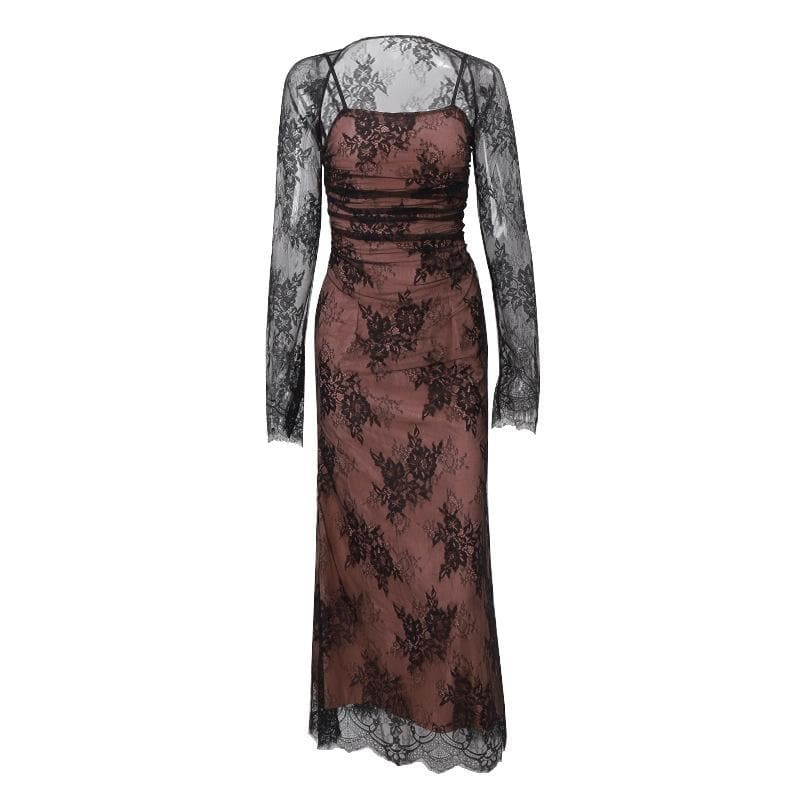 Y2K Lace Ruched Long Sleeve Shrug & Midi Dress Set - Coquette & Grunge Aesthetic