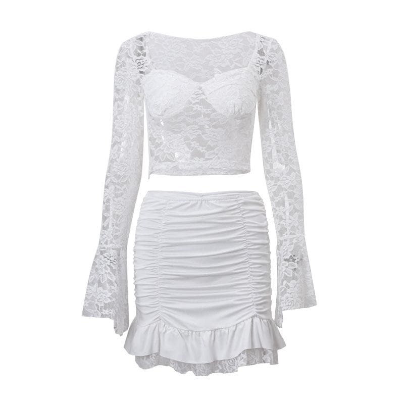 Y2K Lace Ruched Ruffle Mini Skirt Set with Long Flared Sleeves - Coquette & Grunge Aesthetic