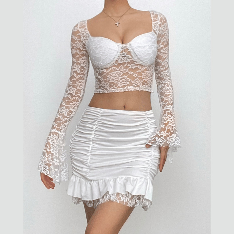 Y2K Lace Ruched Ruffle Mini Skirt Set with Long Flared Sleeves - Coquette & Grunge Aesthetic