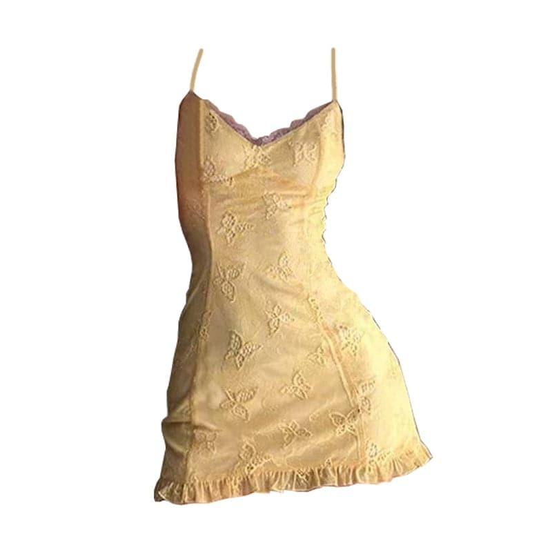 Y2K Lace Ruffle Butterfly Cami Mini Dress - Cute Coquette Aesthetic for Aesthetic Outfits