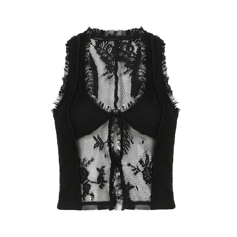 Y2K Lace Ruffle Cut-Out Tank Top - Coquette Aesthetic & Grunge Style Cute Top