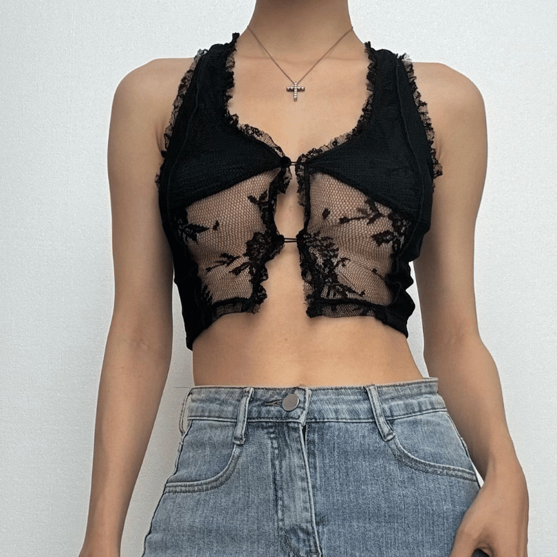 Y2K Lace Ruffle Cut-Out Tank Top - Coquette Aesthetic & Grunge Style Cute Top