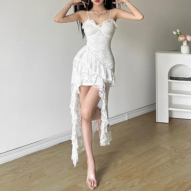 Y2K Lace Ruffle Flower Cami Midi Dress - Cute Coquette Aesthetic for Aesthetic Outfits
