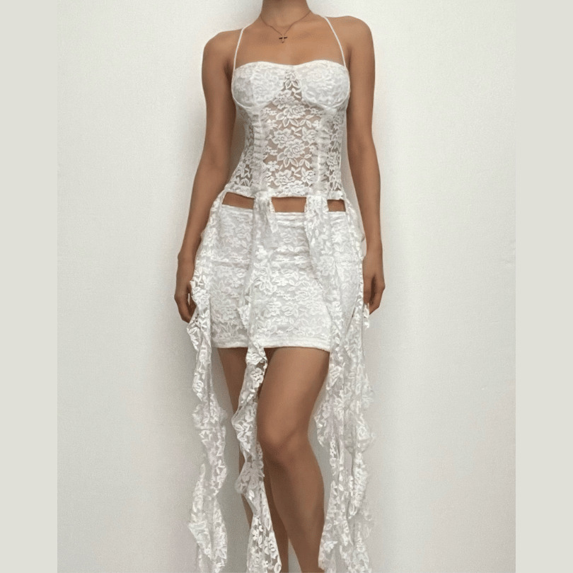 Y2K Lace Ruffle Halter Backless Mini Skirt Set - Cute Coquette & Grunge Aesthetic