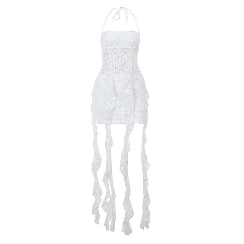 Y2K Lace Ruffle Halter Backless Mini Skirt Set - Cute Coquette & Grunge Aesthetic