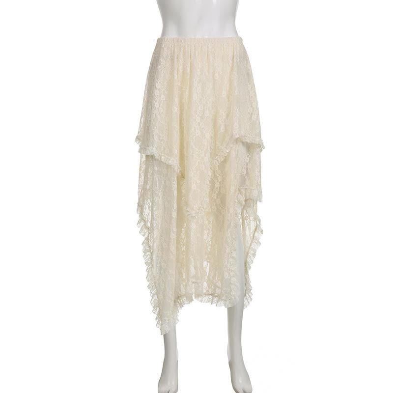 Y2K Lace Ruffle Midi Skirt - Cute Coquette Aesthetic for Grunge & Pastel Goth Styles