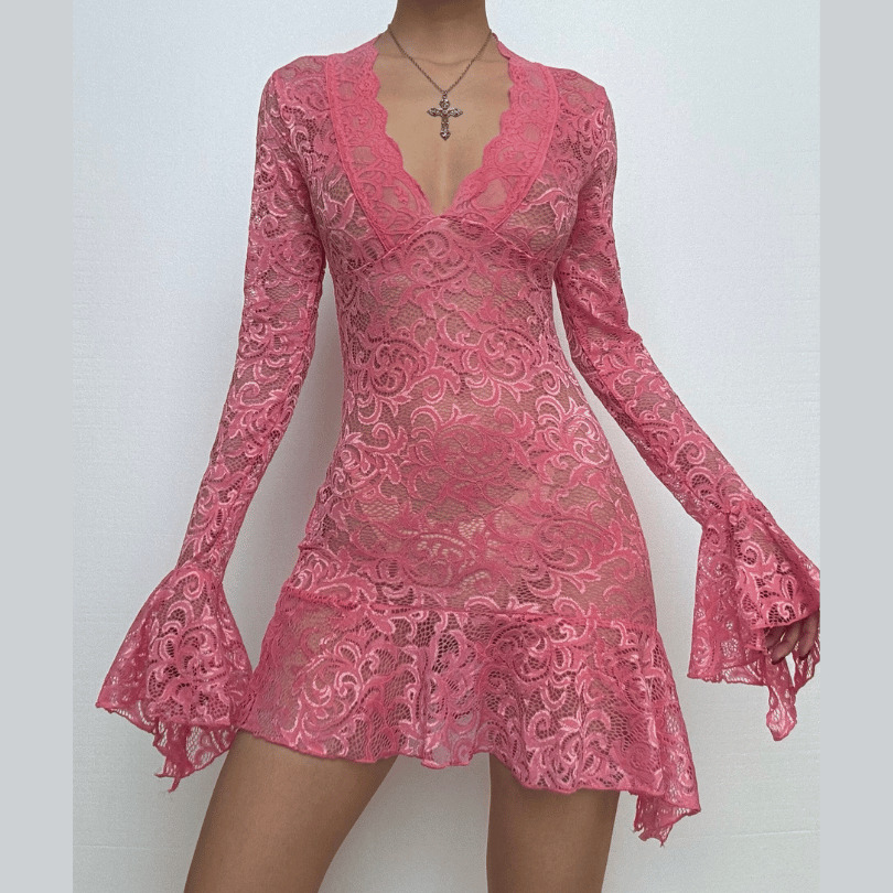 Y2K Lace Ruffle Mini Dress with Long Flared Sleeves - Coquette & Grunge Aesthetic