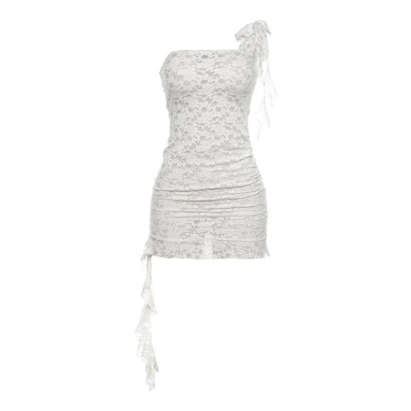 Y2K Lace Ruffle One-Shoulder Mini Dress - Cute Ruched Style for Coquette & Grunge Aesthetics