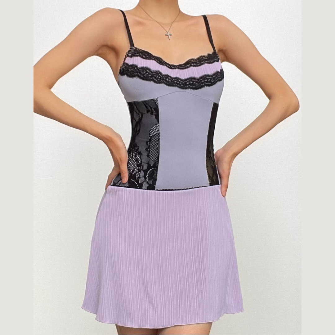 Y2K Lace Ruffle Patchwork Ribbed Cami Mini Dress - Cute Coquette & Grunge Aesthetic