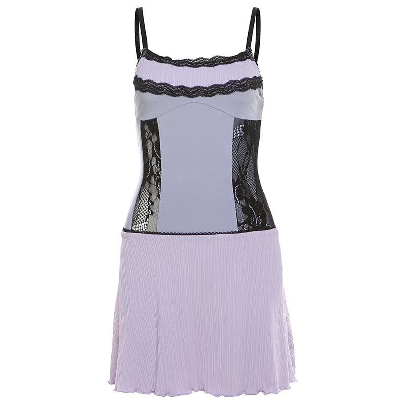 Y2K Lace Ruffle Patchwork Ribbed Cami Mini Dress - Cute Coquette & Grunge Aesthetic