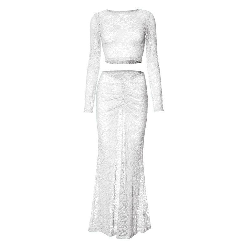 Y2K Lace See-Through Crop Maxi Skirt Set - Coquette & Grunge Aesthetic Outfit