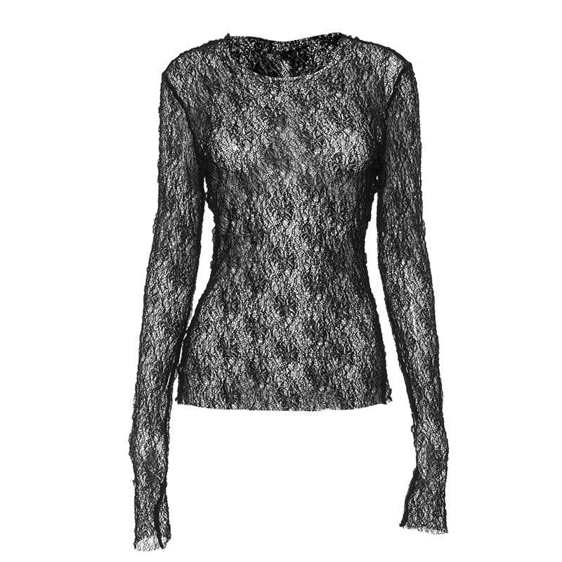 Y2K Lace See-Through Long Sleeve Crewneck Top - Cute Grunge & Coquette Aesthetic Style