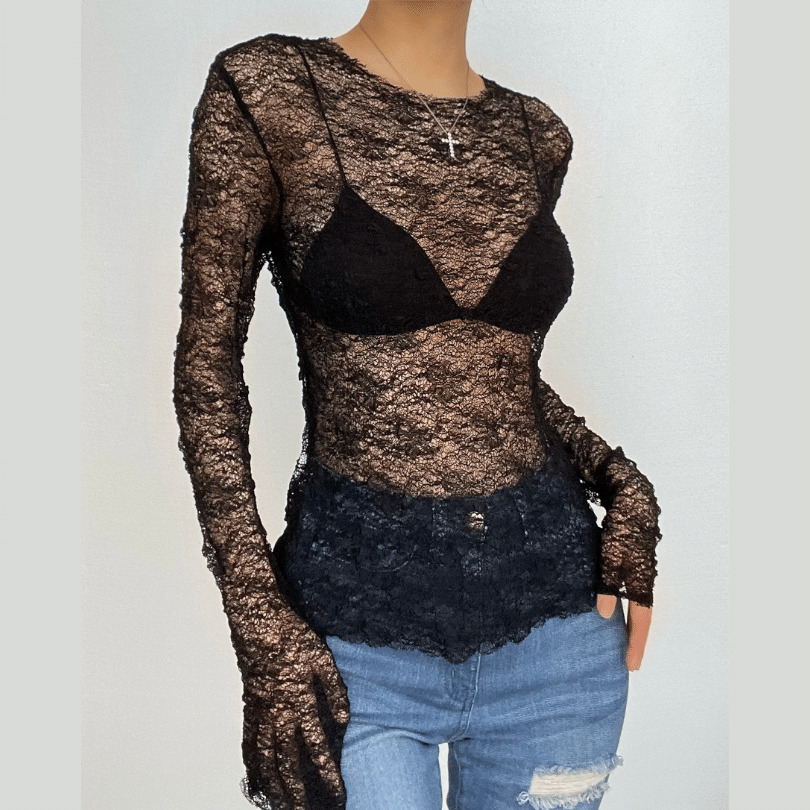 Y2K Lace See-Through Long Sleeve Crewneck Top - Cute Grunge & Coquette Aesthetic Style