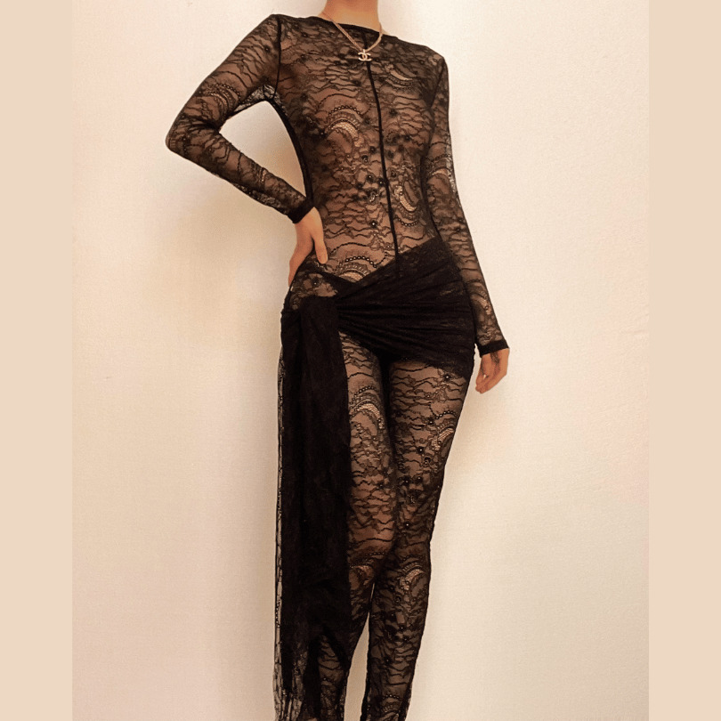 Y2K Lace See-Through Long Sleeve Zip-Up Jumpsuit - Coquette & Grunge Aesthetic Fashion