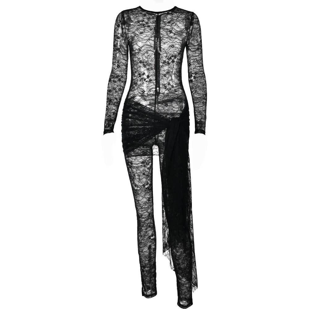 Y2K Lace See-Through Long Sleeve Zip-Up Jumpsuit - Coquette & Grunge Aesthetic Fashion