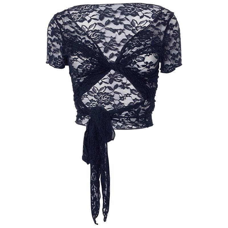 Y2K Lace See-Through Top - Cute Coquette & Grunge Aesthetic Short Sleeve Style