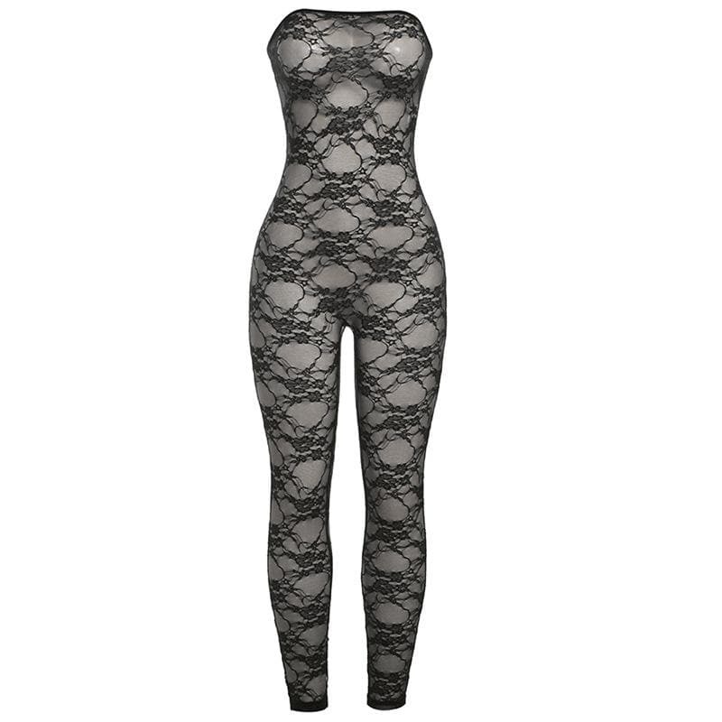 Y2K Lace See-Through Tube Jumpsuit - Cute Grunge Aesthetic Outfit for Trendy Looks