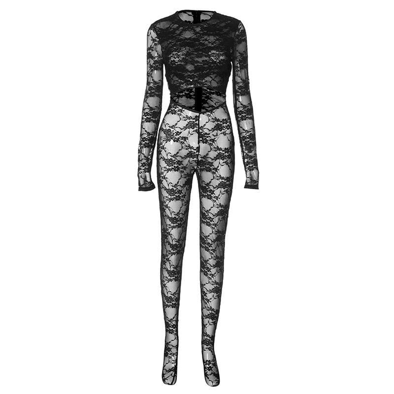 Y2K Lace See-Through Zip-Up Jumpsuit - Grunge Aesthetic Long Sleeve Crewneck Fashion