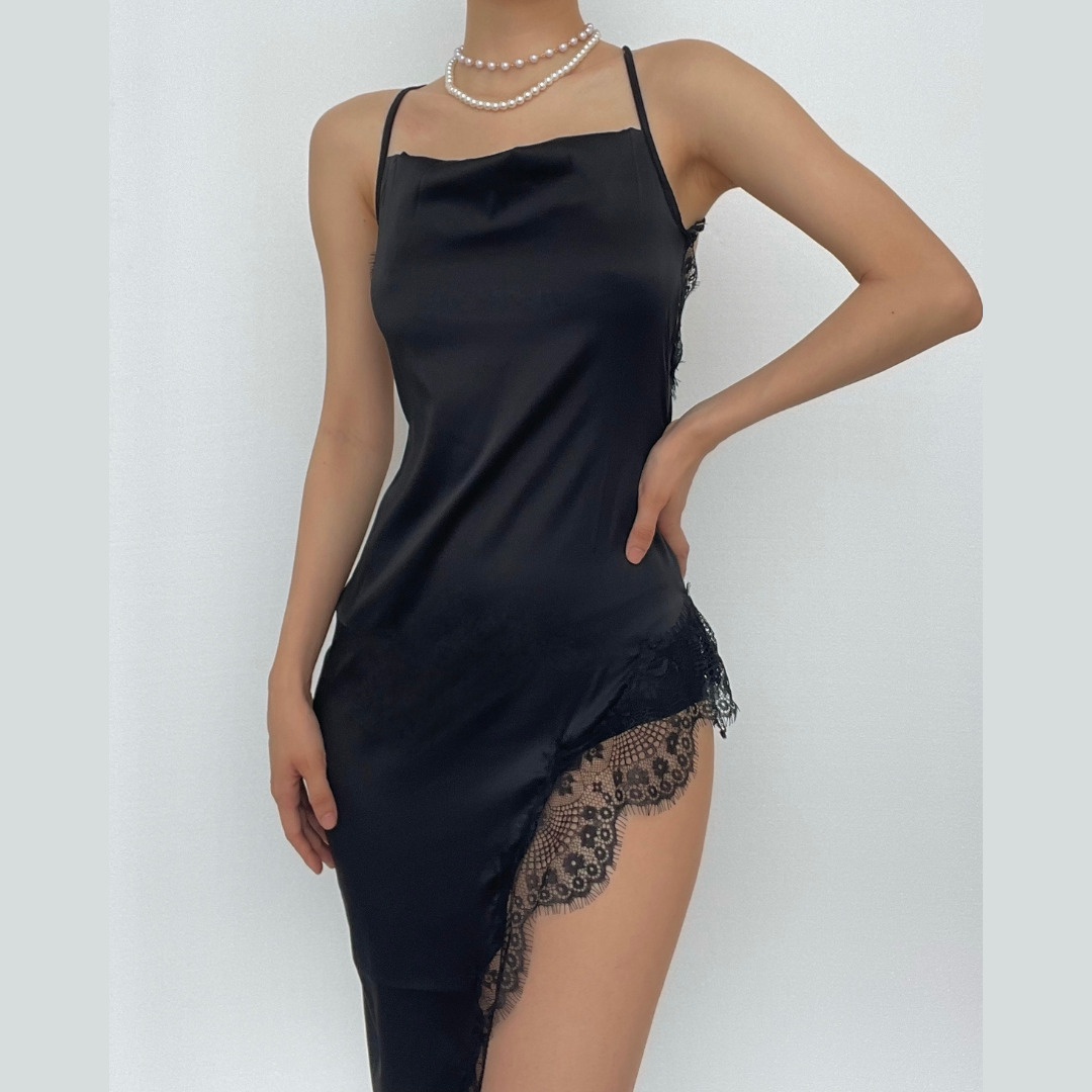 Y2K Lace Slit Satin Cross Open Back Dress - Coquette Aesthetic & Grunge Style Fusion