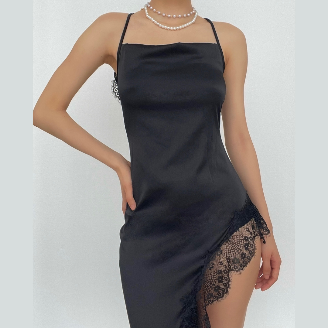 Y2K Lace Slit Satin Cross Open Back Dress - Coquette Aesthetic & Grunge Style Fusion