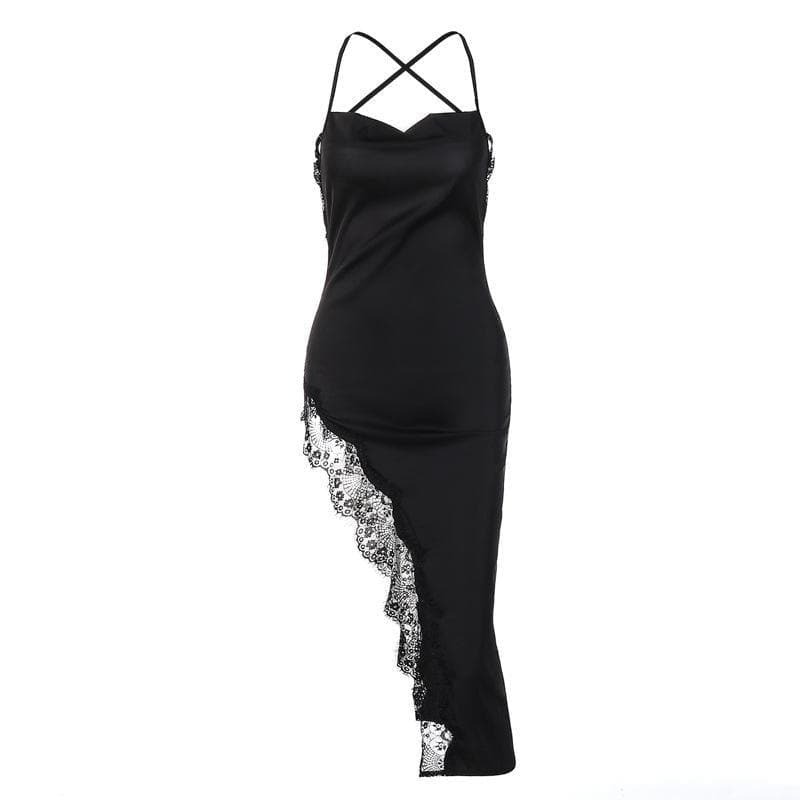 Y2K Lace Slit Satin Cross Open Back Dress - Coquette Aesthetic & Grunge Style Fusion
